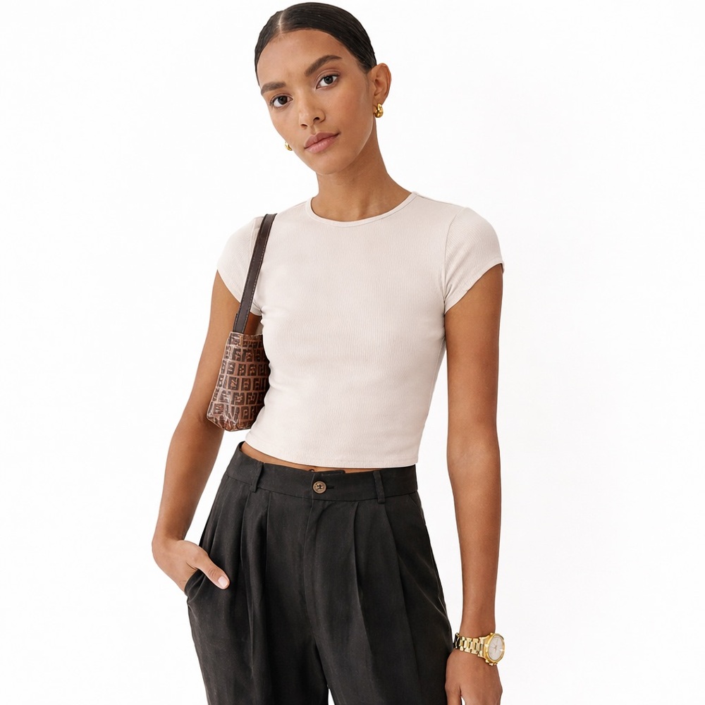 Reformation M Muse Ribbed Baby Tee Sand tan 0172 bright neutral crew neck